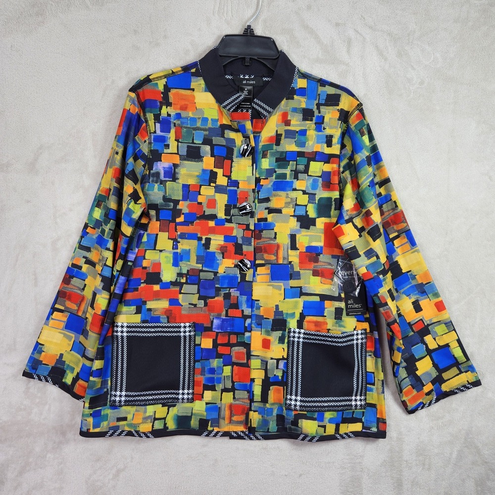 Ali Miles Reversible Jacket Womens Medium Multicolor Abstract Plaid Art To Wear